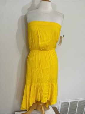 NWT New Coco Bianco Women Golden Gauzy Strapless High Low Dress Size Medium Boho